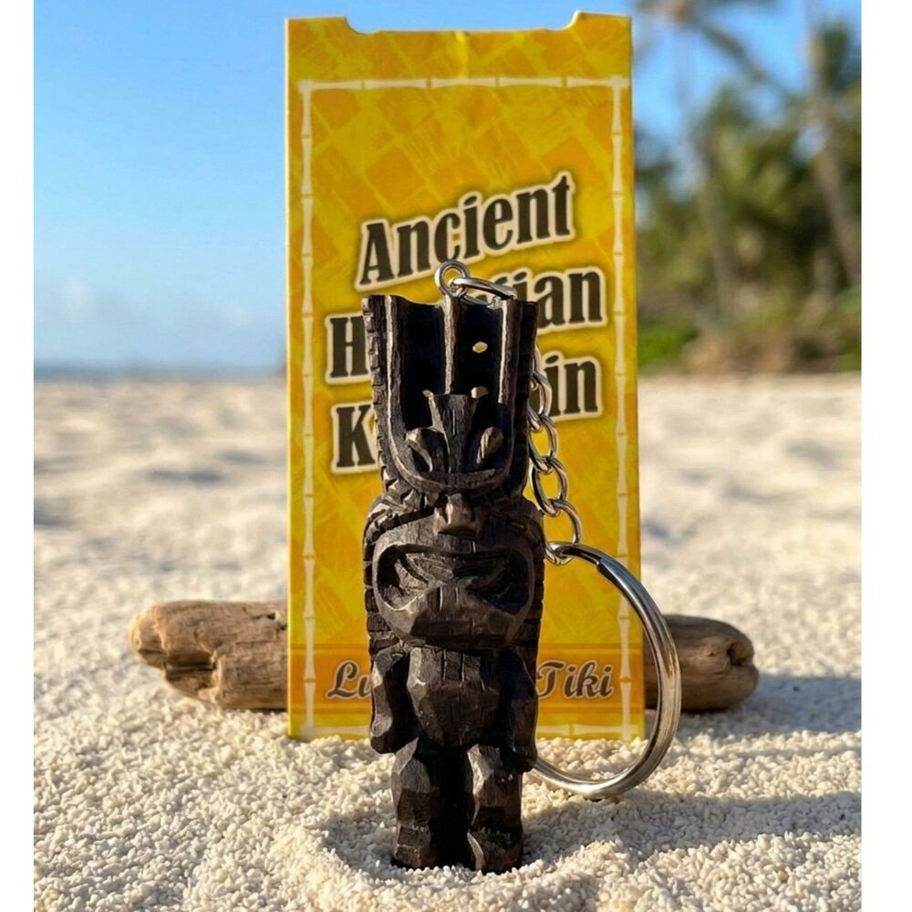 NWT Ancient Hawaiian Wooden Tiki Keychain Wood Key Ring Souvenir Lucky Charm
